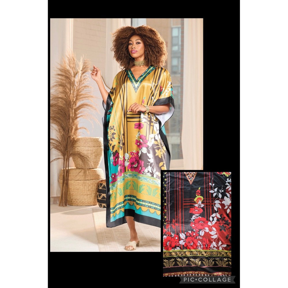 (CL) Ashro Black Red Floral Caftan OS Maxi Dress Satin Print V-Neck Loungewear